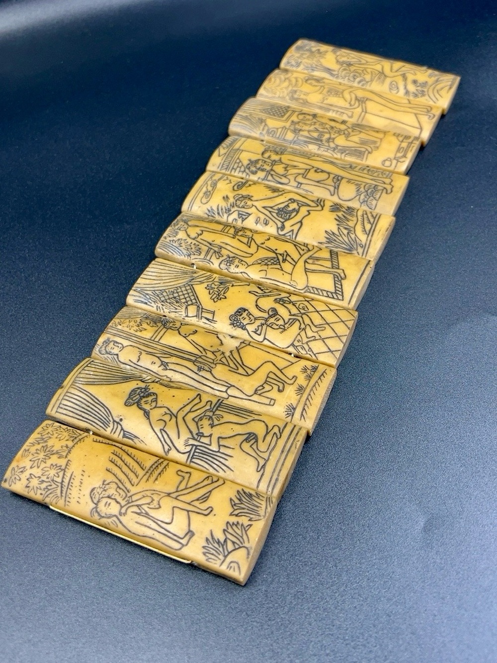 Vtg Chinese Erotic Bone Pillow Book 10 Panel 20 Scene Hand Engraved Figural Art